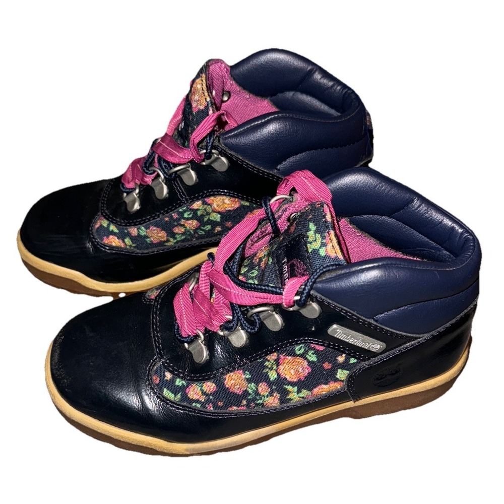 Timberland Classic Floral Boots Navy Pink Laces Logo Little Kids 2.5  EU 34.5